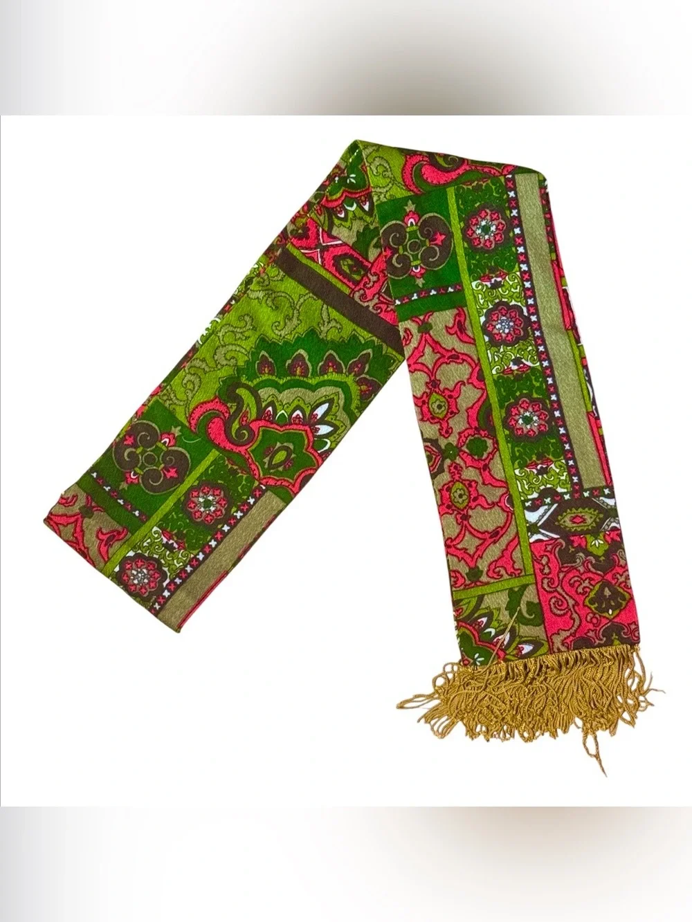 Vintage Boho Neck Scarf or Fabric Belt w Fringe, Bold Colored, Excellent Cond